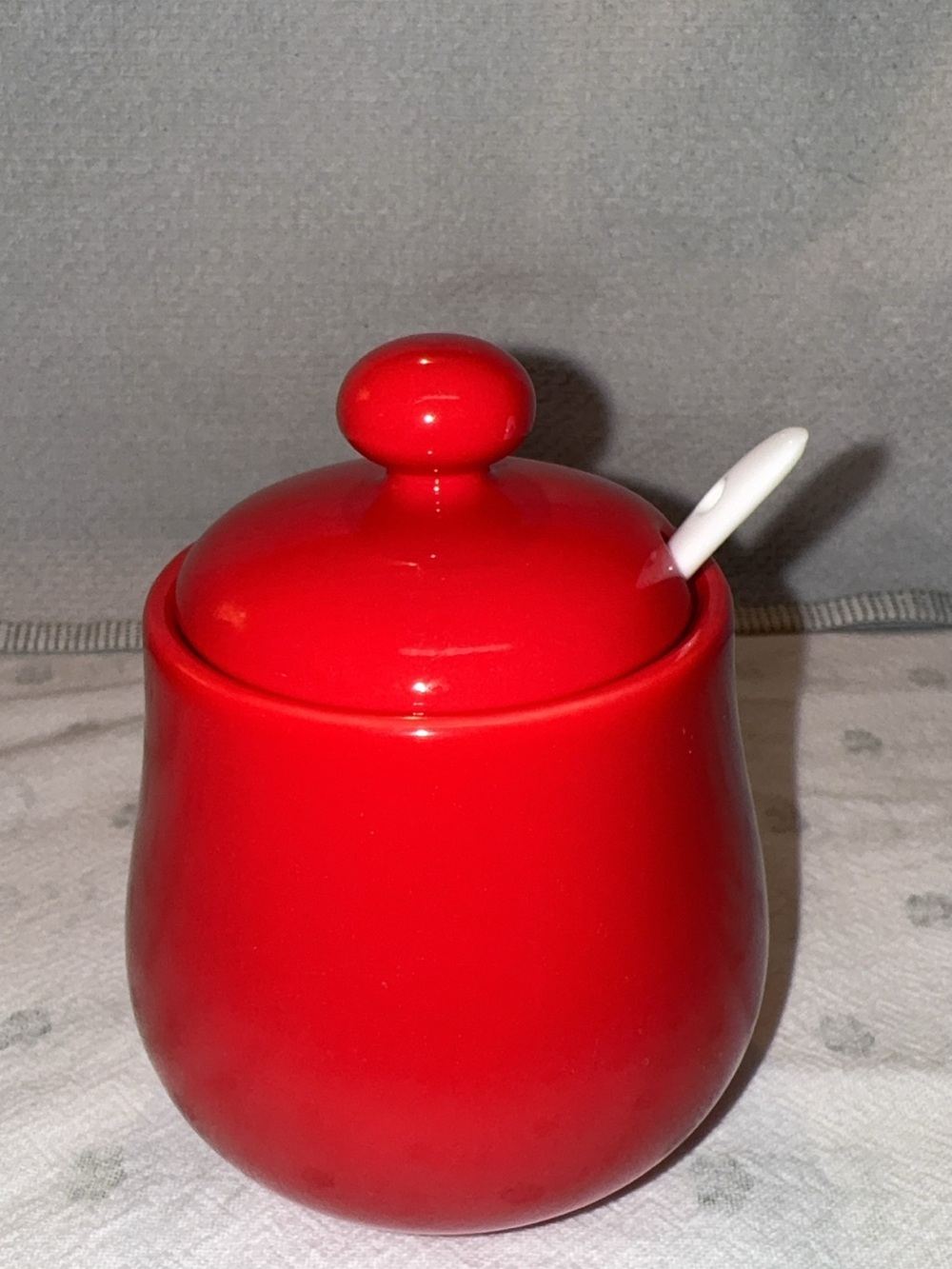 Red Ceramic Sugar Jar with Lid and Spoon - Unbranded